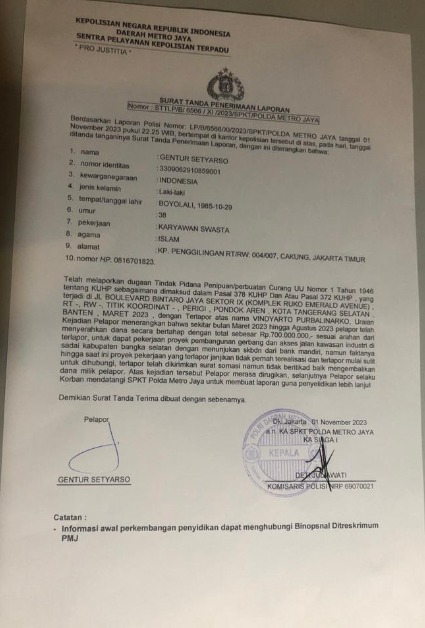 Yanto Purba Diduga Terlibat Kasus Penipuan Rp 700 Juta Telah Dilaporkan Ke Polda Metro Jaya 2 IMG 20231117 WA0021 1